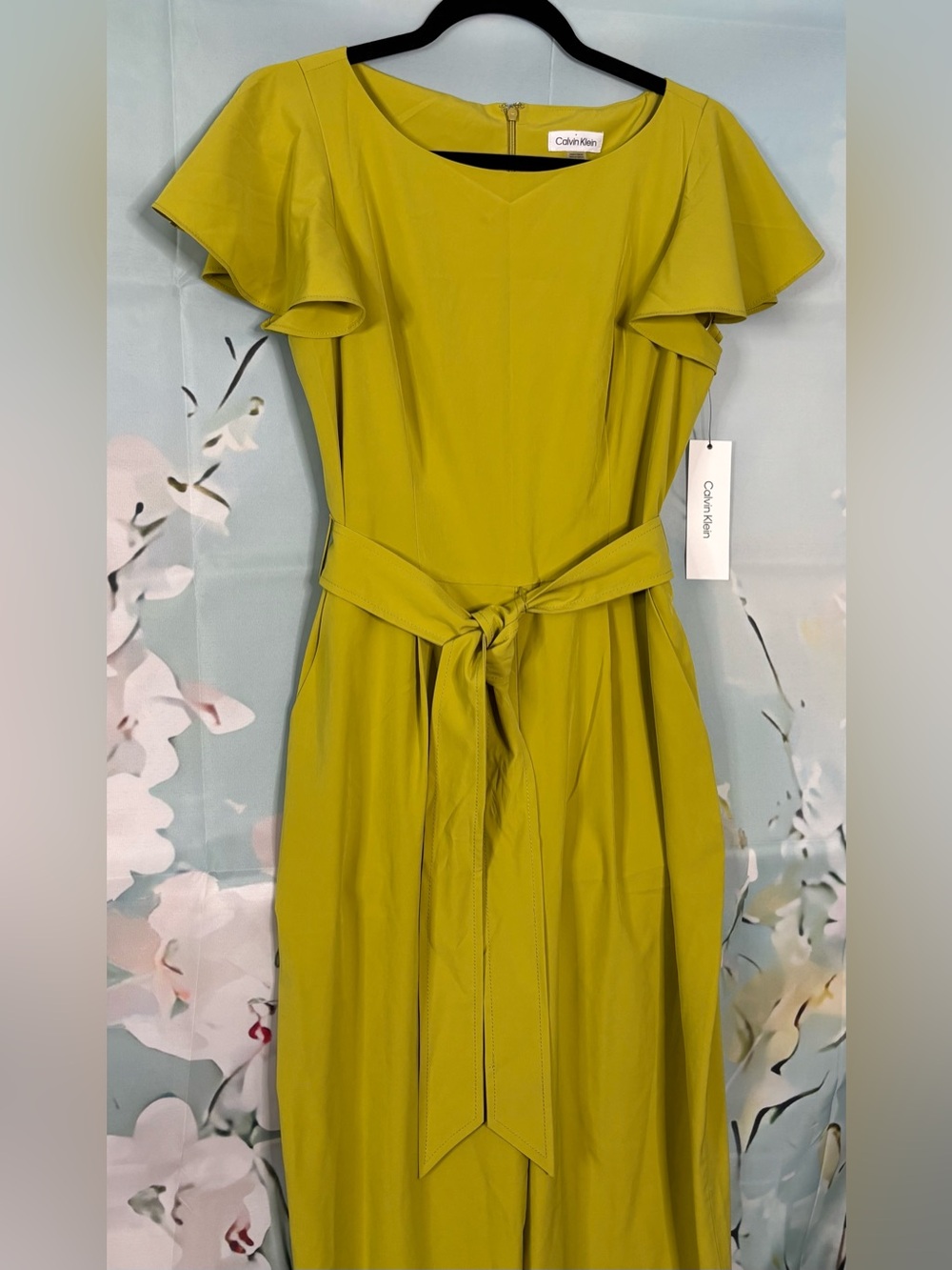 Calvin Klein Chartreuse Yellow Flutter Sleeve Belted Jumpsuit Size 8 NWT - Picture 5 of 16